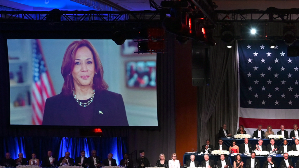 Internet InfoMedia critics drag harris for cringe pre recorded video aired during catholic charity dinner