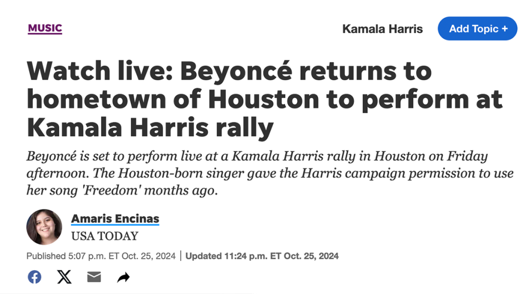 Internet InfoMedia media outlets ripped over claim that beyonce would perform at kamala harris rally bait and switch