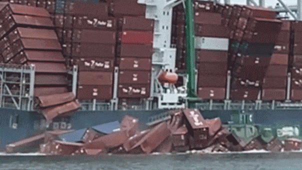 Internet InfoMedia dramatic video shows shipping containers toppling off cargo ship in california